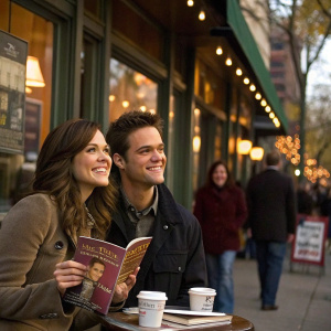 Mandy Moore and Shane West at a cozy coffee shop, promoting their upcoming film 'A Walk to Remember'. Outdoor scene with pedestrians in the background.