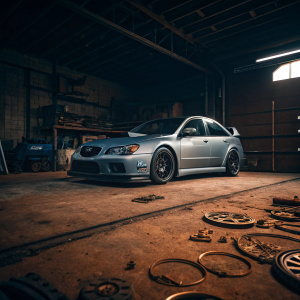 A sleek Subaru WRX STI in a dimly lit garage. Rusty floor, scattered tools, and old car parts in the background.