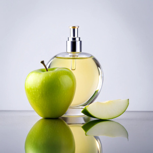 bottle of perfume in the shape of a bitten yellow apple, small on a white background, front view