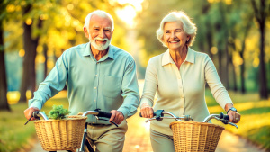 Cheerful active senior couple with bicycle in public park together having fun lifestyle. Perfect activities for elderly people. Happy mature couple riding bikes, bicycles in park