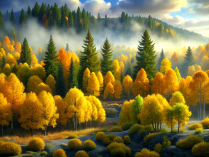 3d illustration. autumn forest. trees with yellow foliage, nature of the Urals


