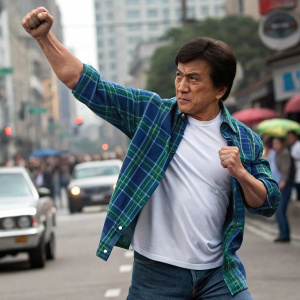 Jackie Chan, Asian action star, in a dynamic pose. He's wearing a casual outfit with a blue and green checkered shirt over a white t-shirt. His short, neat hairstyle complements his stern look. Background is a busy street scene