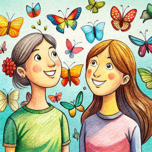 friends smile a lot of butterflies flying