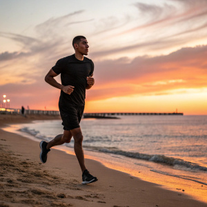 Achraf Hakimi sprinting on a sandy beach at sunset. He wears a casual black t-shirt and athletic shorts.