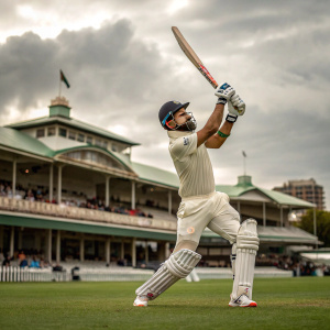 Cricket player Virat Kohli, batting stance, cricket ground, spectators in background.