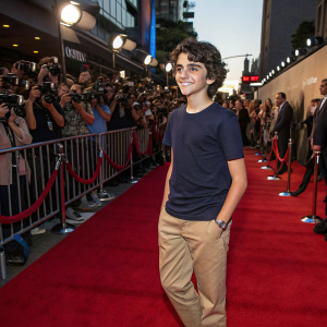 Jack Dylan Grazer at a film festival premiere. He wears a navy blue t-shirt and khaki pants. On a bustling red carpet with paparazzi and fans.