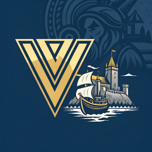E-Sports team Valhalla logo design. V-shaped emblem in gold on a dark blue background. Norse-inspired imagery including Viking ships and a fortress, rendered in muted tones of gray and brown.