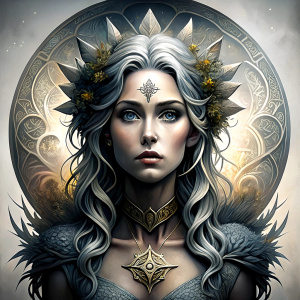 Saga, The Seer - Nordic Goddess of Sagas & Myths perfect realistic art, high-definition grey and black, white background tattoo design