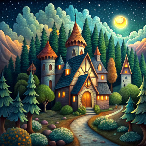 Fairy-tale characters, forest houses, Moon, stars
