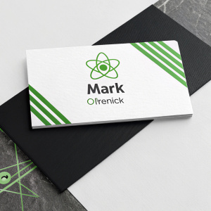 Business card design for Mark O'Renick. Clean, minimalist layout with atomic logo. Green accents on a predominantly black and white background.