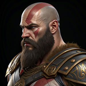 Close-up shot of Kratos from God of War. Intense expression, muscular frame, and a full beard. He's in futuristic armor with gold detailing. Black background.