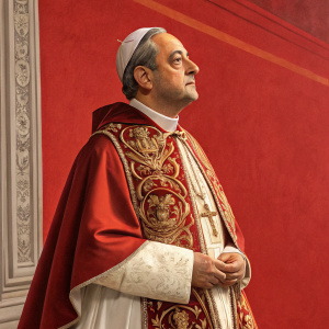 Pietro Vito Ottoboni, also known as Pope Alexander VIII, standing in the Sistine Chapel, with a serene expression. Wearing detailed papal robes with intricate embroidery, standing against a vibrant red backdrop, portrayed in a modern artistic style.