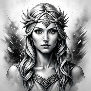 Frigg - Nordic Goddess perfect realistic art, high-definition grey and black, white background tattoo design