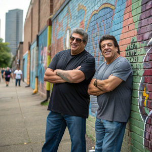 Vincent Pastore and Chuck Zito standing in front of a graffiti-covered brick wall. They are dressed casually in t-shirts and jeans, both smiling confidently.