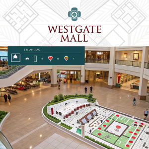 Screenshot from Westgate Mall's website. Interactive mall layout map highlights store names and logos. Clean design with user-friendly navigation, prominent logo, service information, and sign-up section for updates.