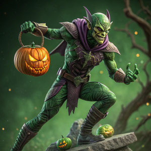 Green Goblin figurine from Marvel Comics, dynamic pose, dark green background with subtle glow