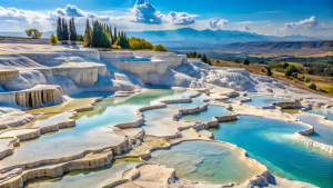 The rocky landscape of Pamukkale, Turkey, with terraces of white limestone pools.