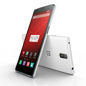 High-resolution image showcasing OnePlus One smartphone with 'NEVER SETTLE' slogan displayed on the screen. Multiple angles emphasizing sleek design and various apps. White background