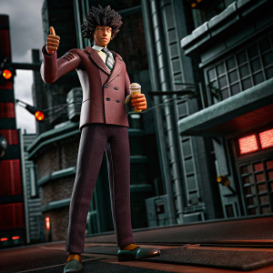Spike Spiegel from Cowboy Bebop, dressed in a stylish suit, with disheveled hair, standing alone in a futuristic cityscape, giving a thumbs up with a small item in hand.