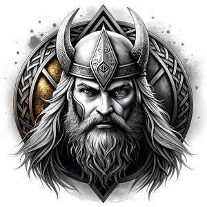 walhalla, viking warrior,  runics face, black work, white backrounds