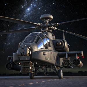 3D render of an AH-64 Apache helicopter. Stealth design, dark hues. Complex details like exhaust ports and military equipment. Set against a night sky background.