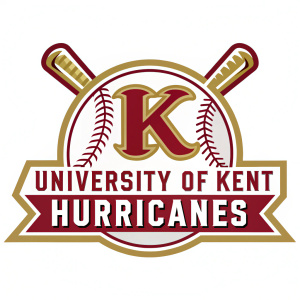 Logo design for the University of Kent Hurricanes. Central emblem is stylized 'K' with baseball bat silhouette. Gold and red color scheme. Modern, sporty aesthetic. Bold, clear font text 'University of Kent Hurricanes' at bottom.