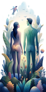 hombre y mujer desnudos sin ropa, de espaldas a la cámara, viéndose en un jardín rodeados de flora y fauna, sin fondo