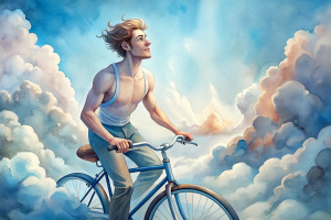 cute shirtless slender smiling guy with short hair wearing tight shirts is riding a bicycle in the sky among the clouds with great speed