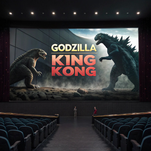 A promotional banner for 'Godzilla vs. King Kong' on a cinema homepage. Dark background with two colossal creatures facing off