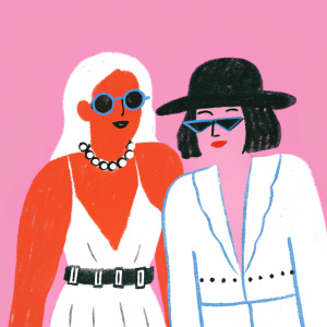 Lady Gaga and Yoko Ono attending the Met Gala. Lady Gaga in a metallic belt adorned white dress, Yoko Ono in a black hat and dress.