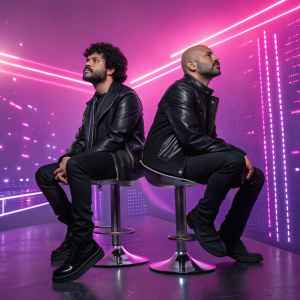 Sergio Ortiz O'Farril and Rene Ortiz Martinez seated on sleek chrome chairs. Against vibrant neon backdrop with pulsating pixels in shades of pink and purple. Both clad in black leather outfits, Sergio with curly dark hair and beard, Rene with stubble beard and bald head.