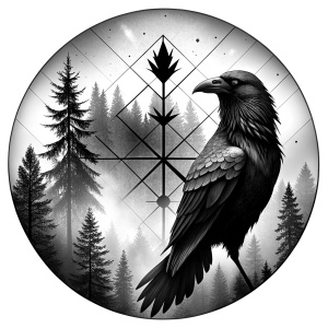 vegvisir runes geometric symbol - raven and trees - tattoo design - perfect realistic art - high-definition - grey and black - white background 