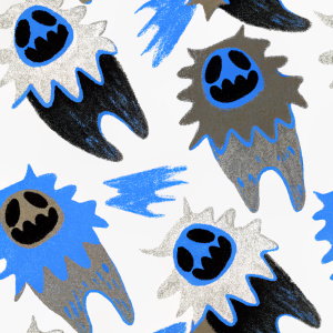 Digital art of a eerie Halloween-themed Gnar from League of Legends. Dark, fiery blue and grey hues, jagged edges, spiky protrusions. Various dynamic poses. Neutral grey background