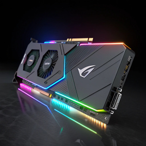 Rendering of AORUS GeForce RTX 2080 XTREME WATERFORCE WB 8G graphics card. Futuristic design with vibrant spectrum lights. Set against a dark backdrop.