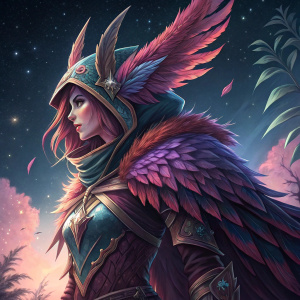 Xayah, the feathered assassin, illustrated in a vibrant digital artwork. She stands in a dramatic close-up pose, with intricate feathers and armor details. Set against a night sky background with twinkling stars.