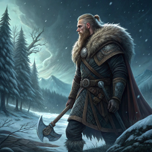 Illustration of Ragnar Lothbrok, a viking warrior. Dark, icy landscape with snow-covered trees in background.