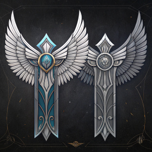 Concept art for EA's Dawngate MOBA game. Digital illustration showcasing two sleek, symmetrical wing-like structures with intricate designs. Rendered in grayscale with blue accents and metallic highlights on a dark textured background.
