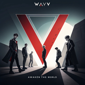 WayV, a popular k-pop group, releases their latest album 'Awaken The World'. The album cover is a modern and graphic design with bold contrasts and a striking red 'V'.