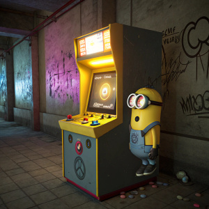 Despicable Me character Minion in an arcade game setting. Brightly lit game cabinet against a graffiti-covered concrete wall backdrop.