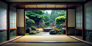 Japanese backyard garden with rocks and trees seen through a sliding door of a Japanese house.
