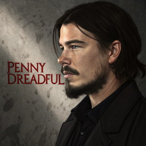 Josh Hartnett, dark digital portrait. Beard, long dark hair. Textured background with bold 'PENNY DREADFUL' logo