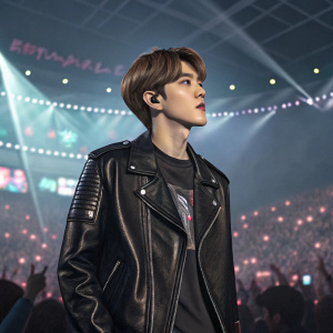 Baekhyun from EXO, dressed in a black leather jacket with a casual t-shirt underneath. The setting is a crowded concert venue with flashing lights and energetic crowd.
