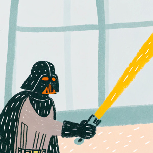 Loose line drawing of Darth Vader wielding a lightsaber. Dynamic pose. Sketch-like style.