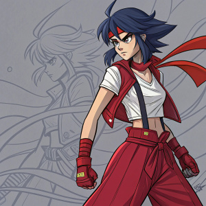 Ryuko Matoi from 'Kill La Kill', fierce expression, dark blue hair with red obi, wearing a red high-cut sleeveless jacket over a white shirt and red hakama pants. She's in a fighting stance with a sketch-like digital background, intricate details, dark tones with red accents.