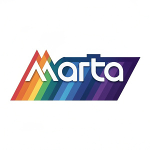 The Marta brand logo in vibrant colors. It includes a modern font and a sleek geometric design with a gradient effect on the left side.