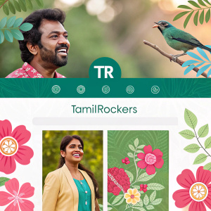 Website screenshot featuring colorful graphics of TamilRockers. Includes TR acronym, pink and green flowers, and a bird.