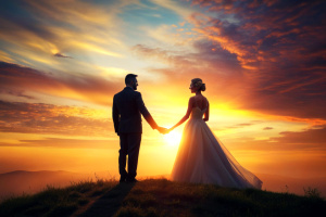 Wedding couple holding hands on sunset background.
