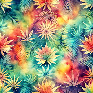 Pattern Seamless, Vintage Old, Soft Colors, abstract Tie Dye, Rainbow, Big Tropical Leaves