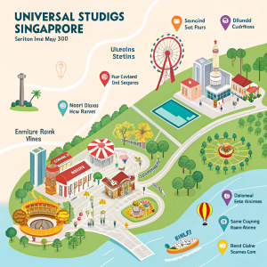 Interactive map of Universal Studios Singapore. Bright colors and icons guide visitors to attractions and dining spots.