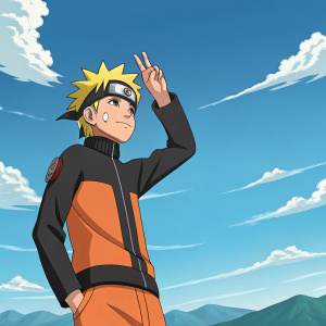 Digital illustration of Naruto Uzumaki. Blue sky with floating clouds background, mountains in the distance. Naruto wears orange and black outfit, hand forming ram hand sign.